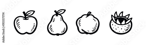 Sketchy Fruit Icon Set with Apple, Pear, Quince, and Mangosteen in Black and White Style.
