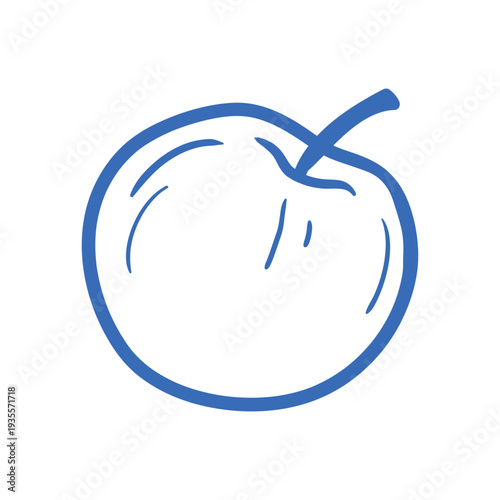 Simple hand drawn apple with leaf in blue outline style. Vector illustration. 