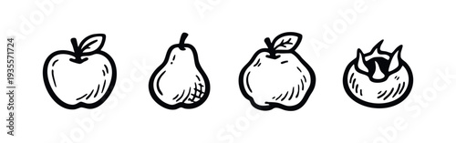 Sketchy Fruit Icon Set with Apple, Pear, Quince, and Mangosteen in Black and White Style.