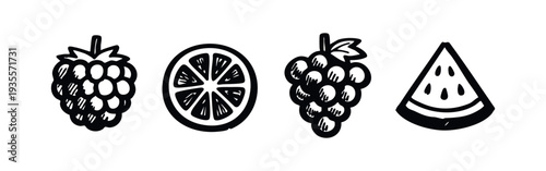 Hand-drawn Fruit and Berry Icons Featuring Raspberry, Orange Slice, Grapes, and Watermelon.