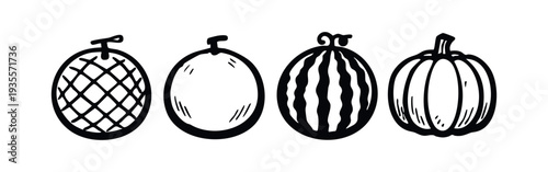 Hand Drawn Doodle Style Fruits and Vegetables Set - Melons, Watermelon, and Pumpkin Line Art Icons