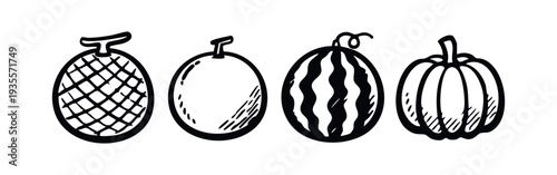 Sketchy Fruits and Vegetables Icon Collection - Melon, Watermelon, and Gourd Line Art on White Background