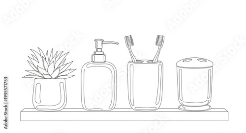 Hand drawn illustration of bathroom accessories on a shelf.