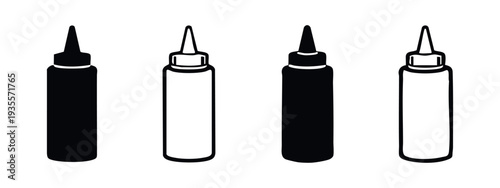 Squeeze Bottle Icon Set for Ketchup Mustard or Sauce - Fast Food Condiment Dispenser Vector