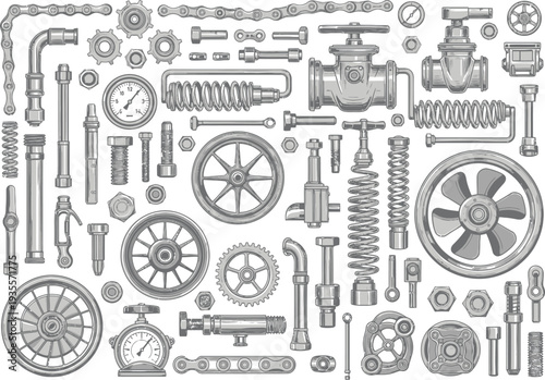 A detailed illustration of various industrial steampunk parts, such as gears, pipes, springs, and tools, presented in a vintage engraving style.