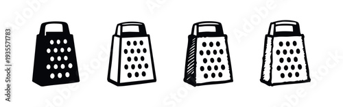 Box Grater Vector Icon Set - Kitchen Utensil for Cheese Food Preparation Outline and Solid
