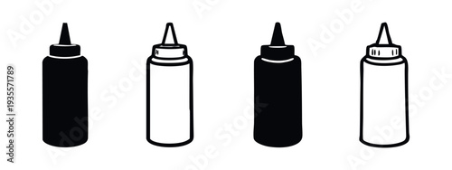 Sauce Squeeze Bottle Black and White Icons - Condiment Container Design Elements Vector Illustration