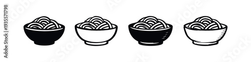Simple Noodle or Spaghetti Bowl Vector Icon Set - Empty and Full Food Dish Illustration