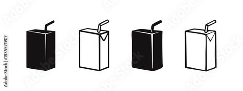 Juice Box Icons Set. Collection of beverage cartons with straws in different design styles. Vector illustration.