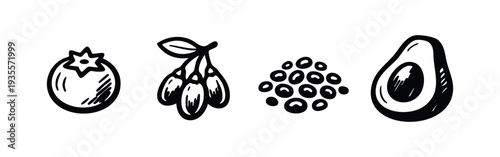 Hand-drawn doodle icons of healthy superfoods: tomato, goji berries, lentils, and avocado. Organic ingredients set.