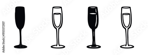 Champagne Flute Glass Icon Set - Solid and Outline Vector Illustrations for Celebrations, Drinks, and Festive Occasions