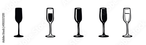Assorted Champagne Flute Glass Icons - Solid and Outline Vector Illustrations for Festive Drinks and Occasions