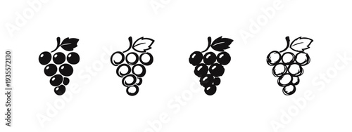 Bunch of Grapes Fruit Icon Set with Leaves in Solid and Outline Styles