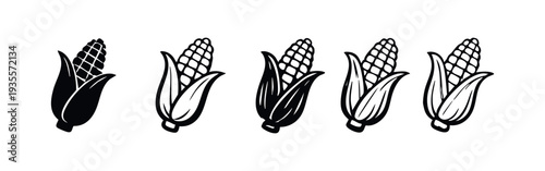 Corn on the Cob with Husk Icon Set in Various Solid and Outline Styles