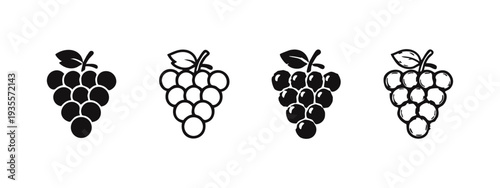 Different Styles of Grapes Fruit Icon Set with Leaves for Design Projects