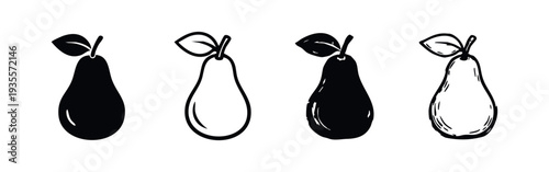 Pear Fruit Icon Set in Solid, Outline, and Textured Hand-Drawn Designs