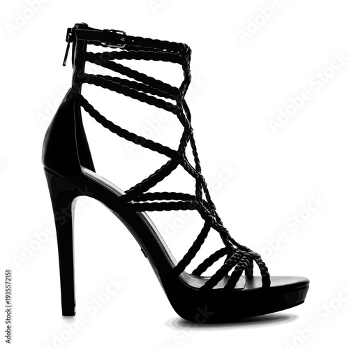 Elegant Black High Heel Sandal with Braided Straps, Fashion Footwear.