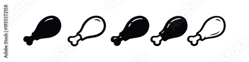 Chicken Drumstick Icon Set. Fried chicken leg symbol in various styles, black and white.