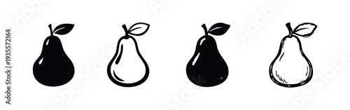 Pear Fruit Icon Set with Leaves in Solid, Outline, and Hand-Drawn Styles
