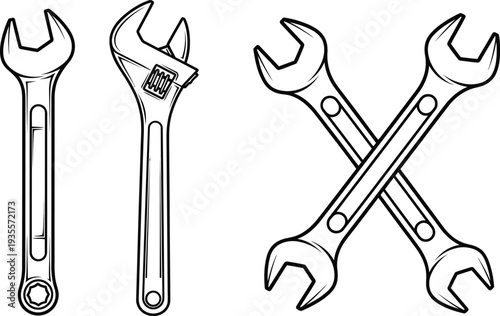 Black and white outline icons of wrenches, including adjustable and fixed types, symbolizing repair and mechanical work.