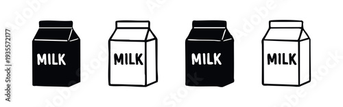 Milk Carton Icons Set. Hand-drawn doodle style milk box symbols with text, black and white.