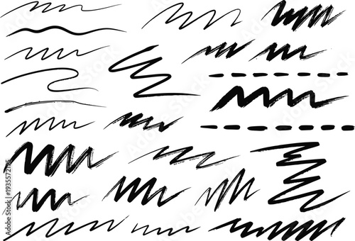Assortment of hand-drawn brush strokes, wavy lines, and dashed lines for artistic backgrounds and design accents.