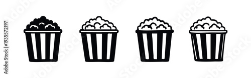 Popcorn icons set. Classic movie theater snack symbols in solid and outline styles. Cinema food graphic collection.
