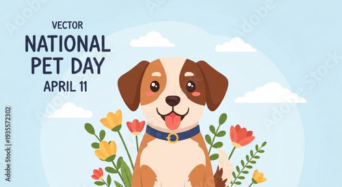 Happy dog in flowers celebrating national pet day on april 11 with a blue collar