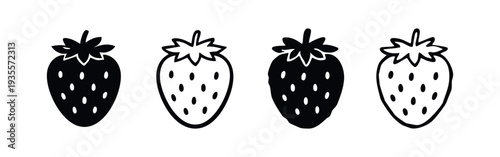 Strawberry Icon Set - Fresh Berry Silhouette and Outline Hand-drawn Vector