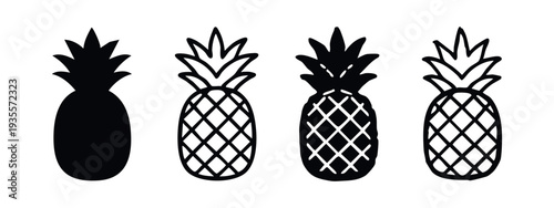 Stylized Pineapple Icons - Diverse Tropical Fruit Silhouette and Outline Set