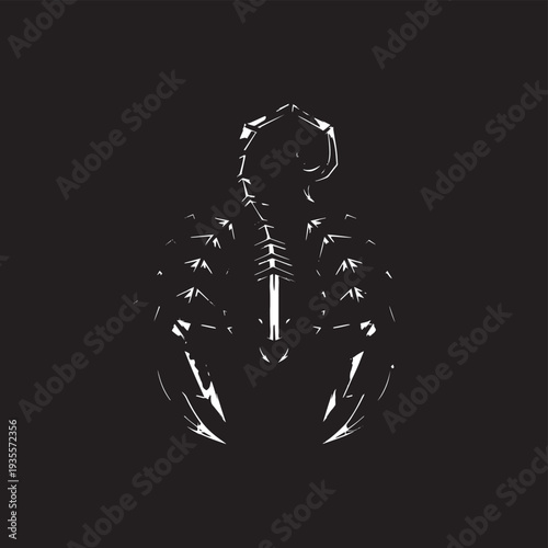 Minimalist white lineart scorpion silhouette on a black background for striking graphic design.
