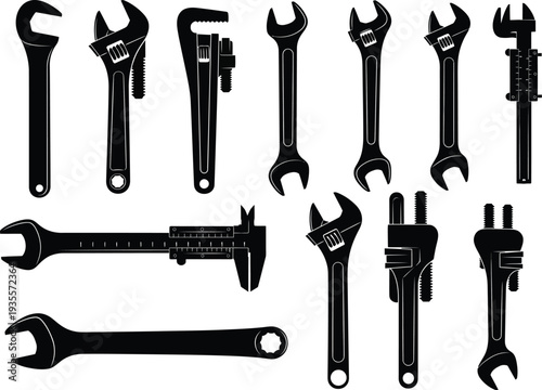 Collection of black silhouette icons featuring various types of wrenches, spanners, and precision measuring calipers.