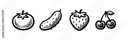 Hand-drawn set of fresh fruits and vegetables: tomato, cucumber, strawberry, cherries on a white background