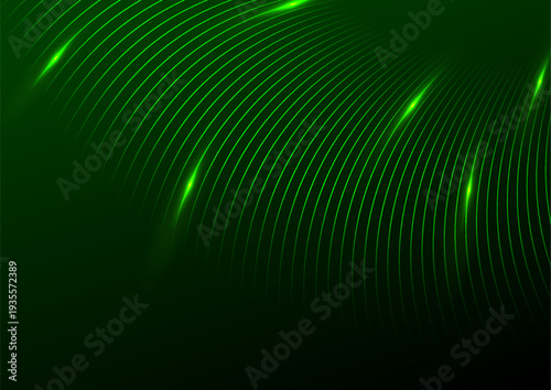 Bright green wavy laser lines abstract glowing futuristic tech background. Vector digital art rays design