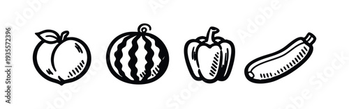 Hand-drawn set of fresh fruits and vegetables: peach, watermelon, bell pepper, zucchini on a white background