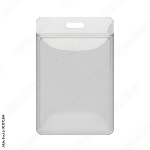 Clear plastic id badge holder with a rectangular shape and a small hole at the top for easy attachment, isolated on transparent background