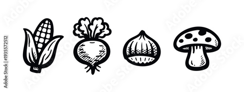Hand-drawn vegetables, nut, and mushroom icons set. Black and white stylized autumn harvest illustrations.