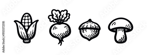 Hand-drawn vegetables, nut, and mushroom icons set. Black and white stylized autumn harvest illustrations.