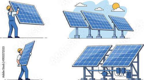 Flat vector illustration set showing solar panel installation with workers in hard hats carrying panels and completed solar energy farms generating renewable power.