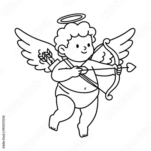 Outline Drawing of Cupid with Halo and Heart Arrow
