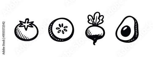 Hand drawn fresh vegetables set. Black and white sketch illustration of healthy organic food.