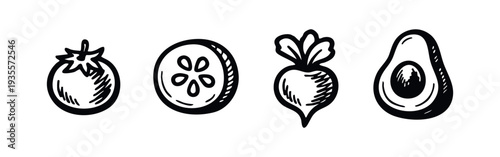 Organic garden vegetables. Hand drawn sketch of fresh tomato, cucumber, radish, and avocado.