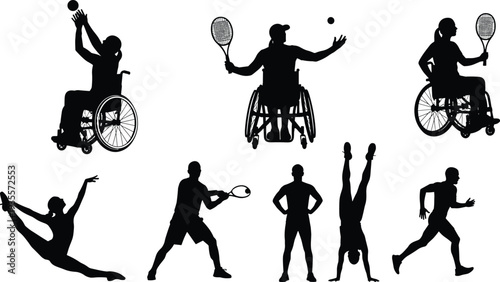 Diverse Sports Silhouette Set with Wheelchair Tennis Gymnastics Running and Para Athlete Poses Vector Illustration Pack for Inclusive Fitness Competition