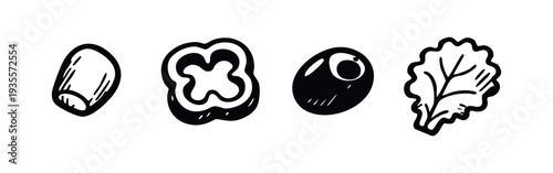 Hand drawn fresh vegetables collection. Black and white sketch icons for healthy recipes.
