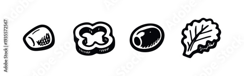 Culinary fresh vegetables. Hand drawn black and white sketch of pepper, olive, and lettuce.