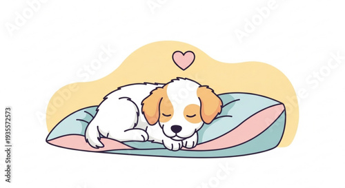 Cute puppy sleeping on dog pillow with heart above peaceful and adorable scene