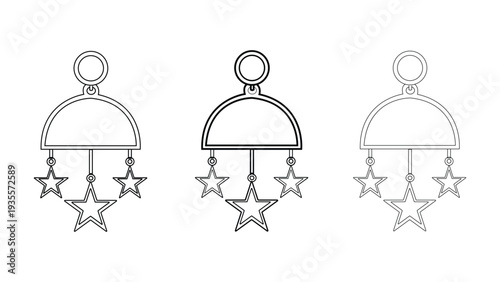 Three stylized designs of decorative hanging ornaments with star motifs and circular tops.