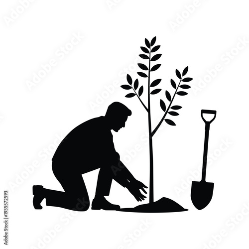 Man kneeling planting tree with shovel gardening Modern Remote Work Lifestyle Illustration Featuring Relaxed Freelancer Using Laptop at Home with Coffee and Heart Symbol, Digital Nomad Concept, Online