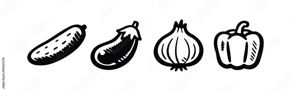 Fototapeta premium Hand drawn line art icons of fresh vegetables including cucumber, eggplant, onion, and bell pepper.