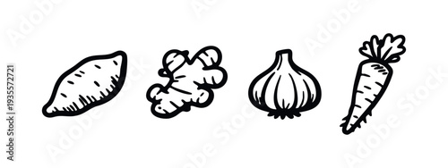 Outline style hand-drawn icons of common root vegetables and spices: sweet potato, ginger, garlic, and carrot.